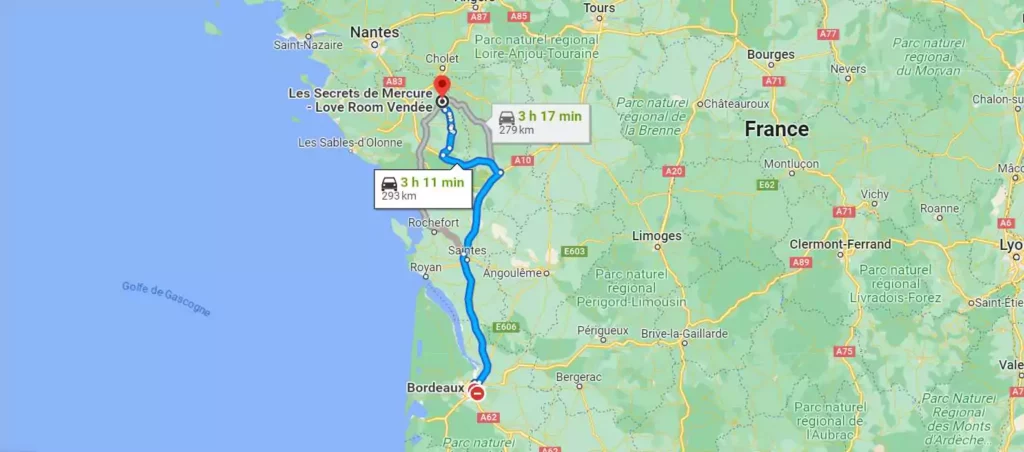 Google Maps du trajet entre Les Secrets de Mercure et Bordeaux