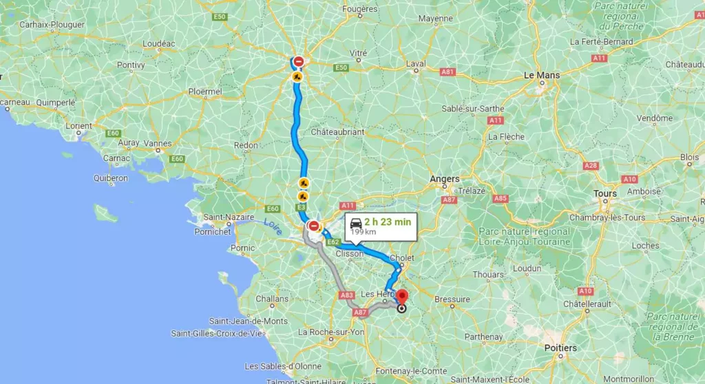 Trajet google maps de Rennes à la love room "Les Secrets de Mercure".